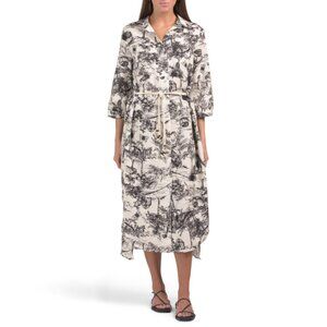 FRANCESCA BETTINI  Italy Linen Blend Palm Tree Shirt Dress With Rattan Belt